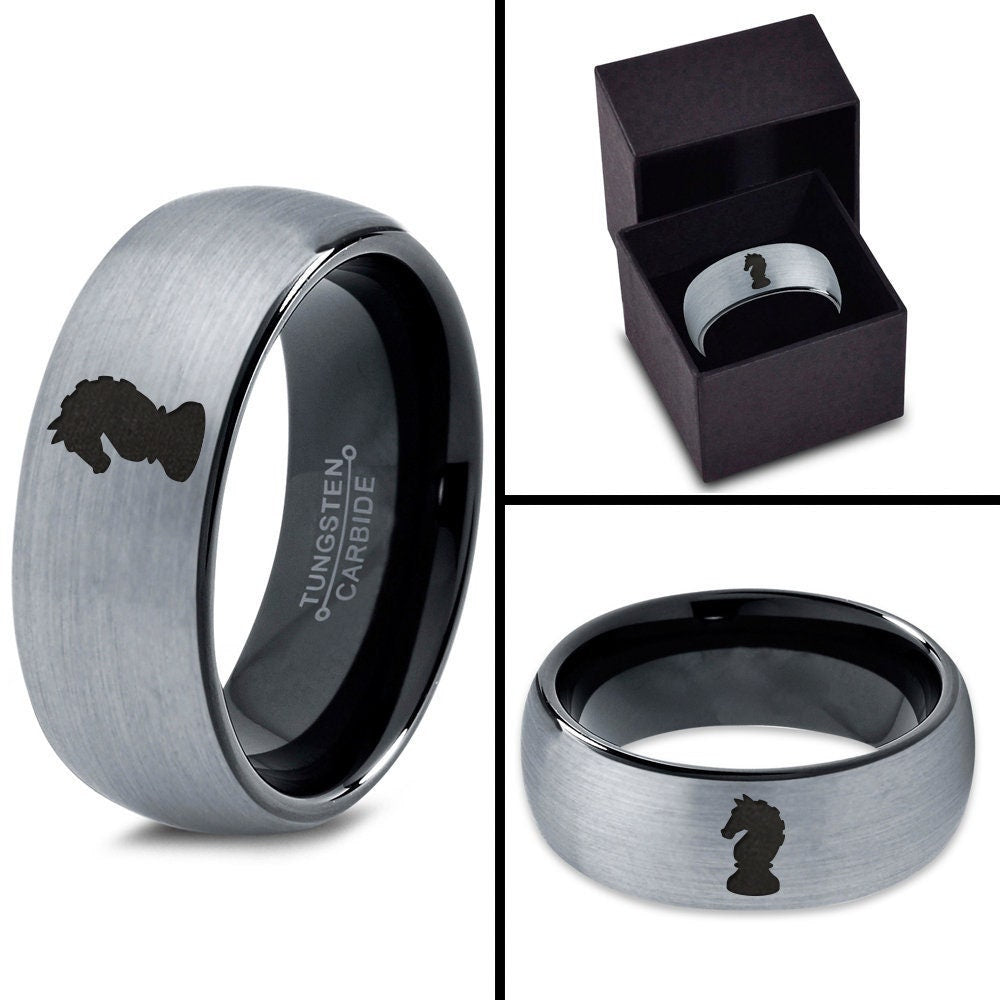 Engraved Chess Knight Ring | Mens Gray Rings | Women Tungsten Ring | Black Rings For Girls | Personalized Gifts For Mom | Gifts For Him