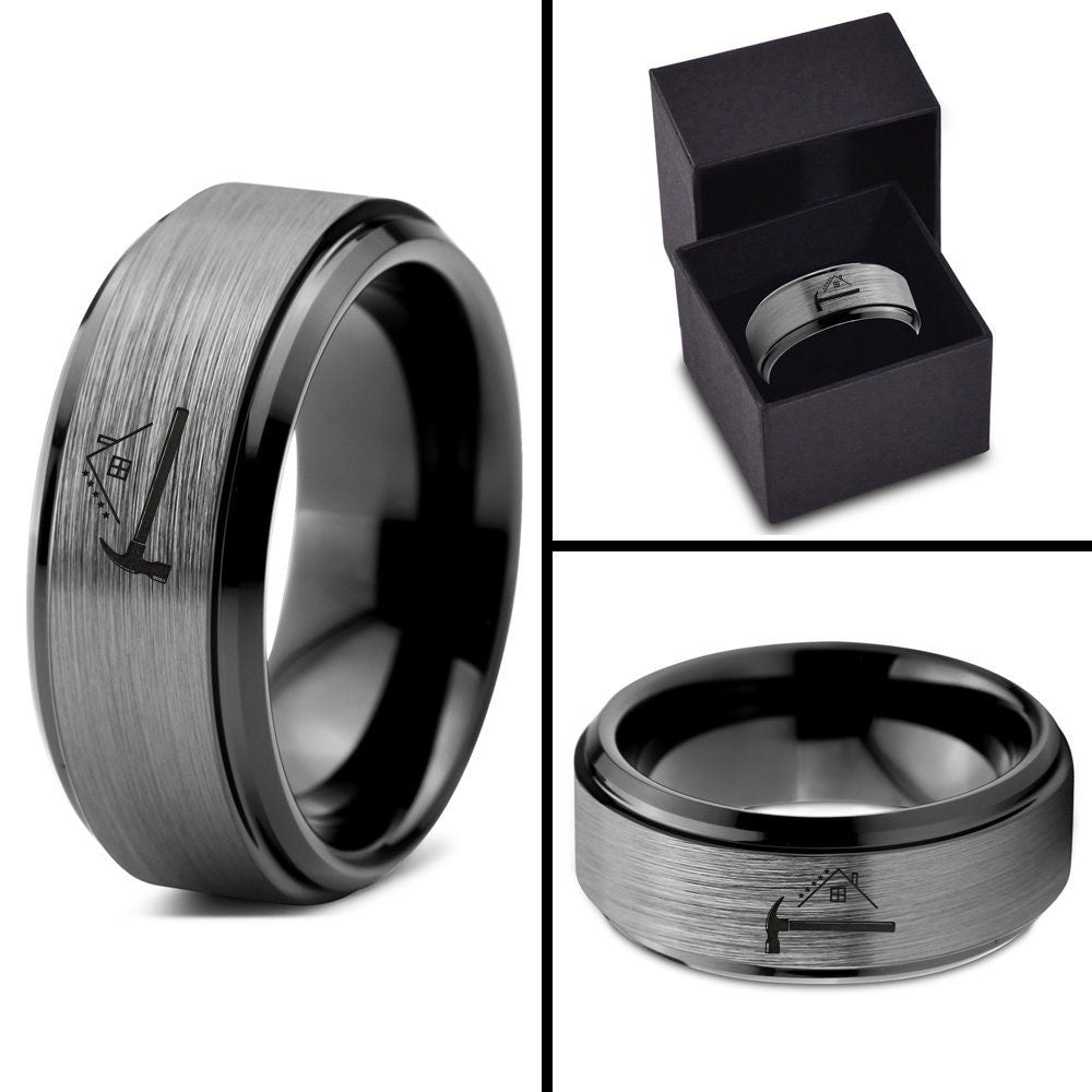 Carpentry Hammer And House Ring, Men's Tungsten Ring Gray, Awesome Wedding Band Black, Gifts For Him, Adjustable Ring, Ring For Carpenter