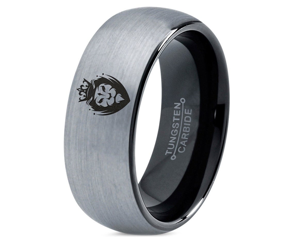 Panthera Leo Lion Ring | Men's Black Tungsten Wedding Band | Personalized Engraved Comfort Fit Ring | Unique Gift for Him, Husband, Dad Mom