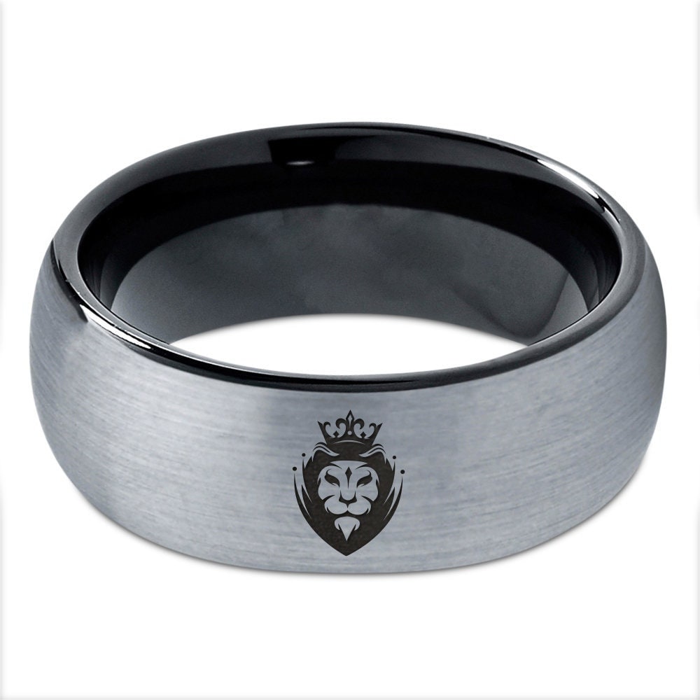 Panthera Leo Lion Ring | Men's Black Tungsten Wedding Band | Personalized Engraved Comfort Fit Ring | Unique Gift for Him, Husband, Dad Mom