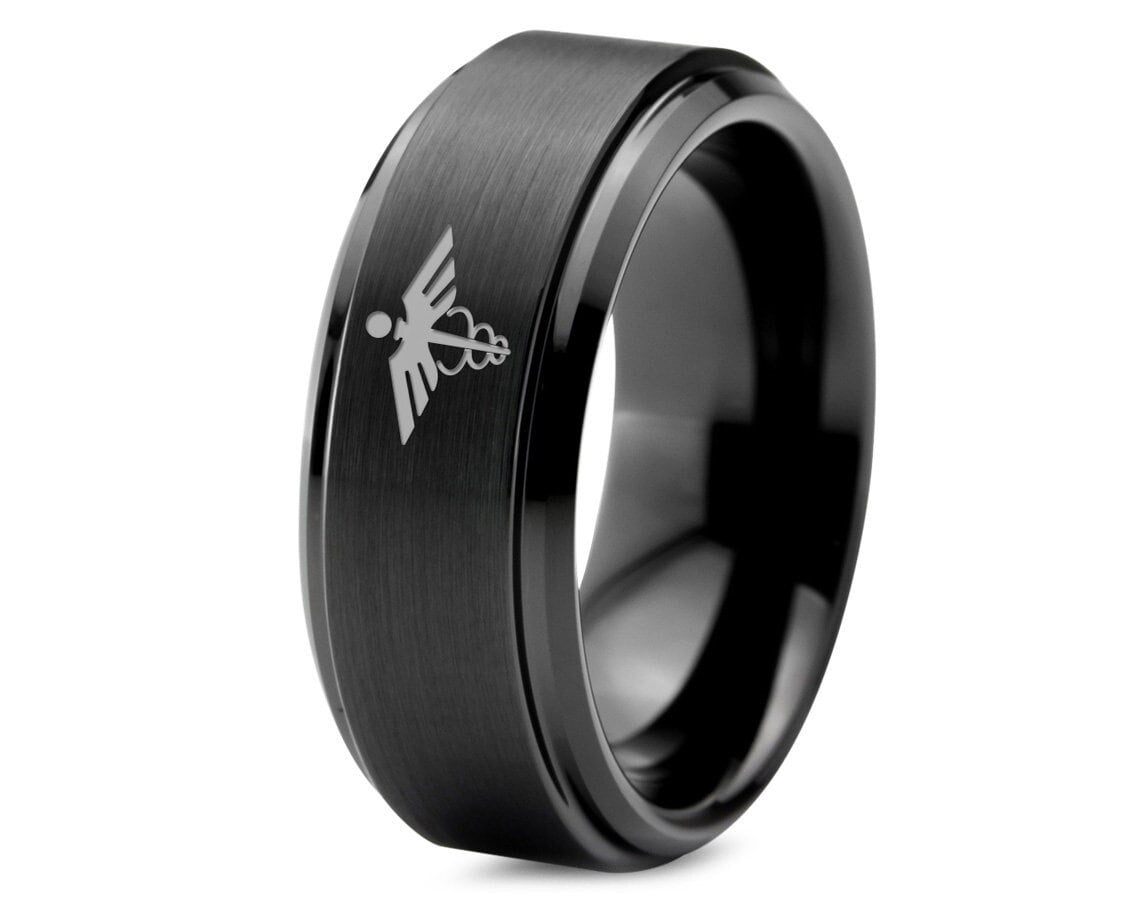 Special Edition Ring - Medical Sign Wing Ring - Black Tungsten Women - Ring For Doctor - His and Hers Couples Rings - 8mm Engagement Ring