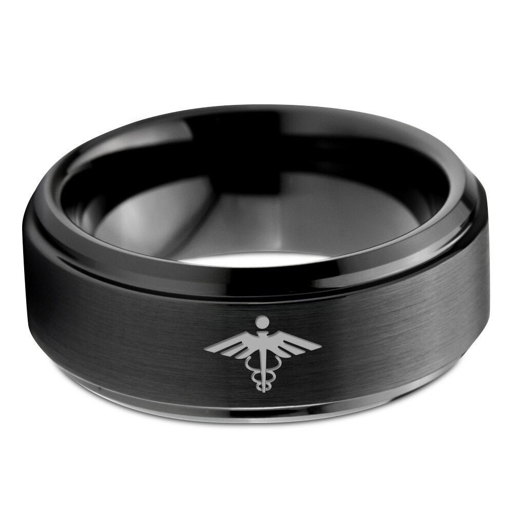 Special Edition Ring - Medical Sign Wing Ring - Black Tungsten Women - Ring For Doctor - His and Hers Couples Rings - 8mm Engagement Ring