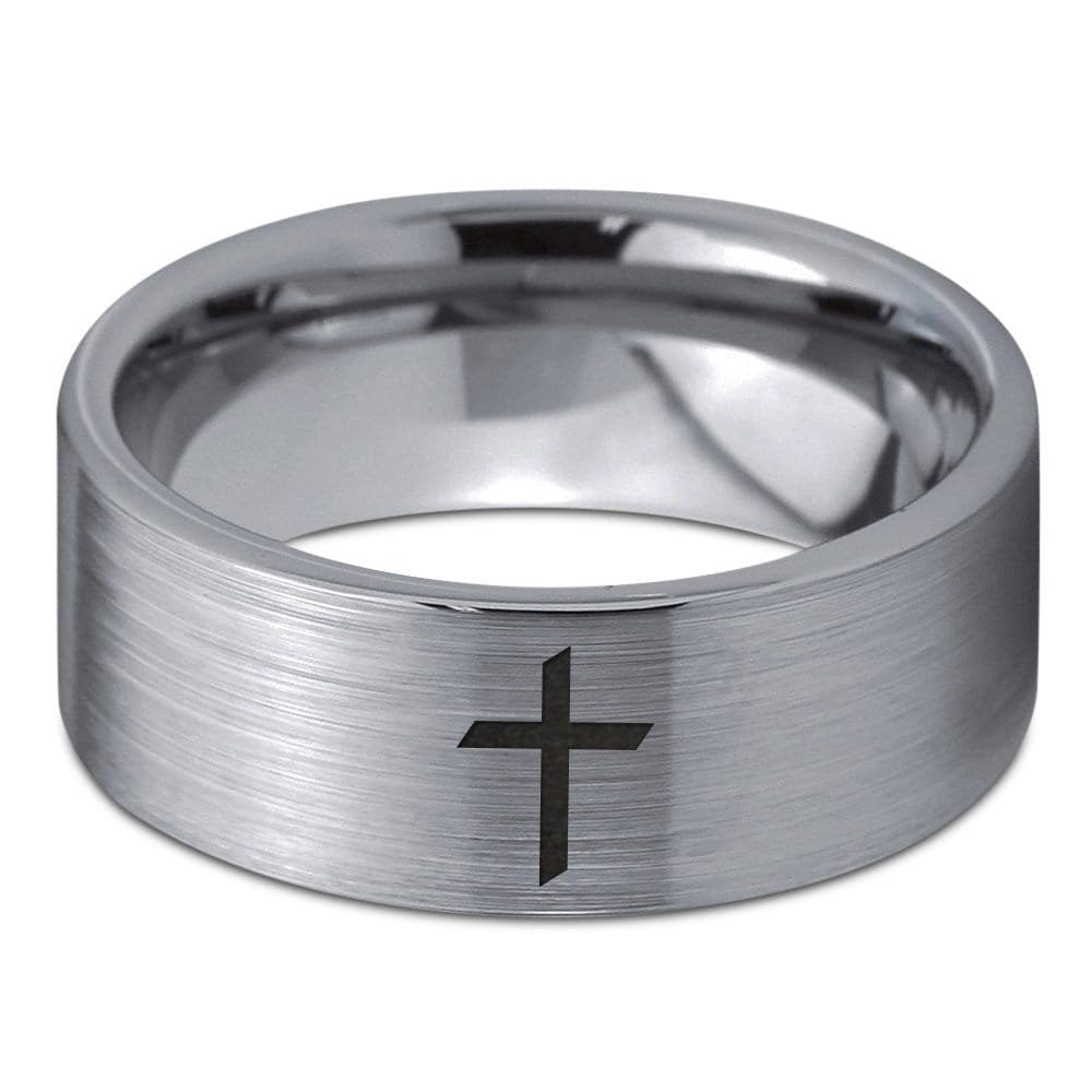 Delicate Cross Ring, Holy Cross Ring, Silver Gray Wedding Band Women, Tungsten Wedding Band Men, Mom Christmas Gifts, Best Friend Gifts