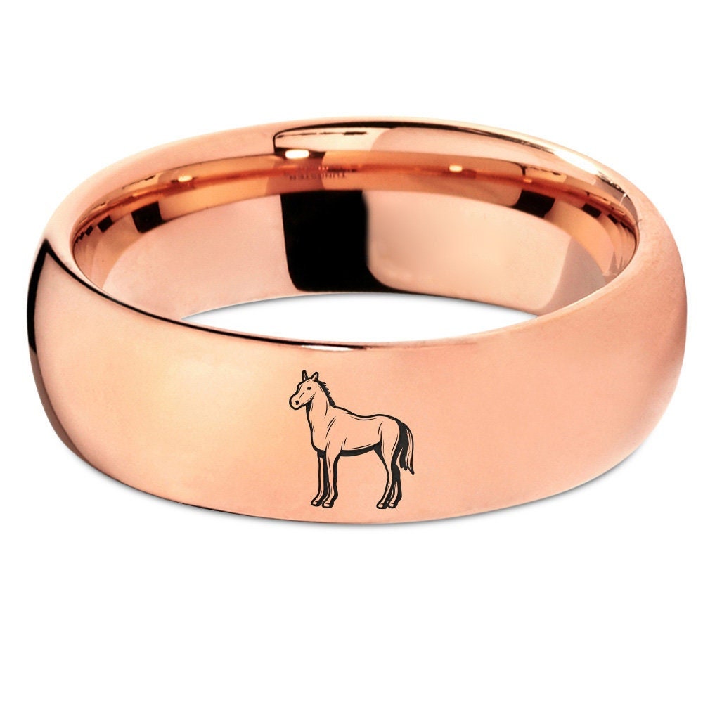 Laser Marking Race Horse Ring - Wild Animal Ring  - Rose Gold Wedding Ring - 7mm Tungsten Couples Rings - Engagement Gifts- Free Shipping