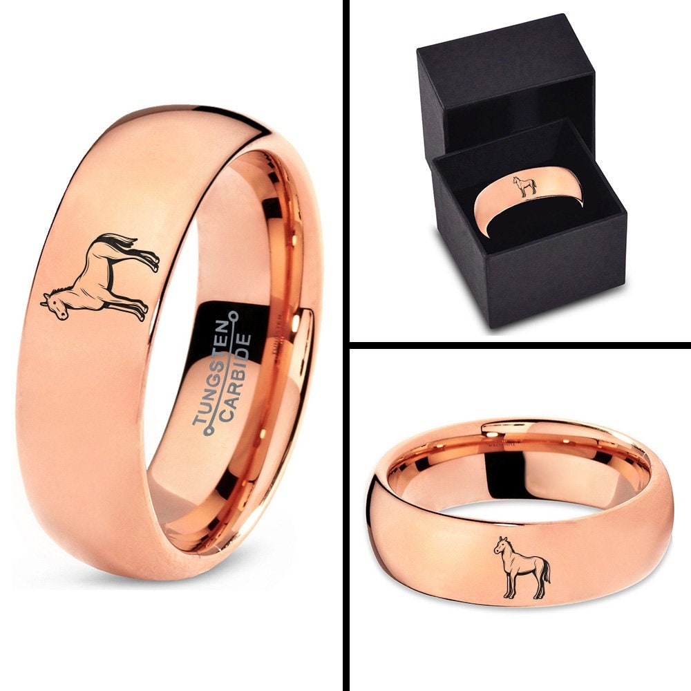 Laser Marking Race Horse Ring - Wild Animal Ring  - Rose Gold Wedding Ring - 7mm Tungsten Couples Rings - Engagement Gifts- Free Shipping