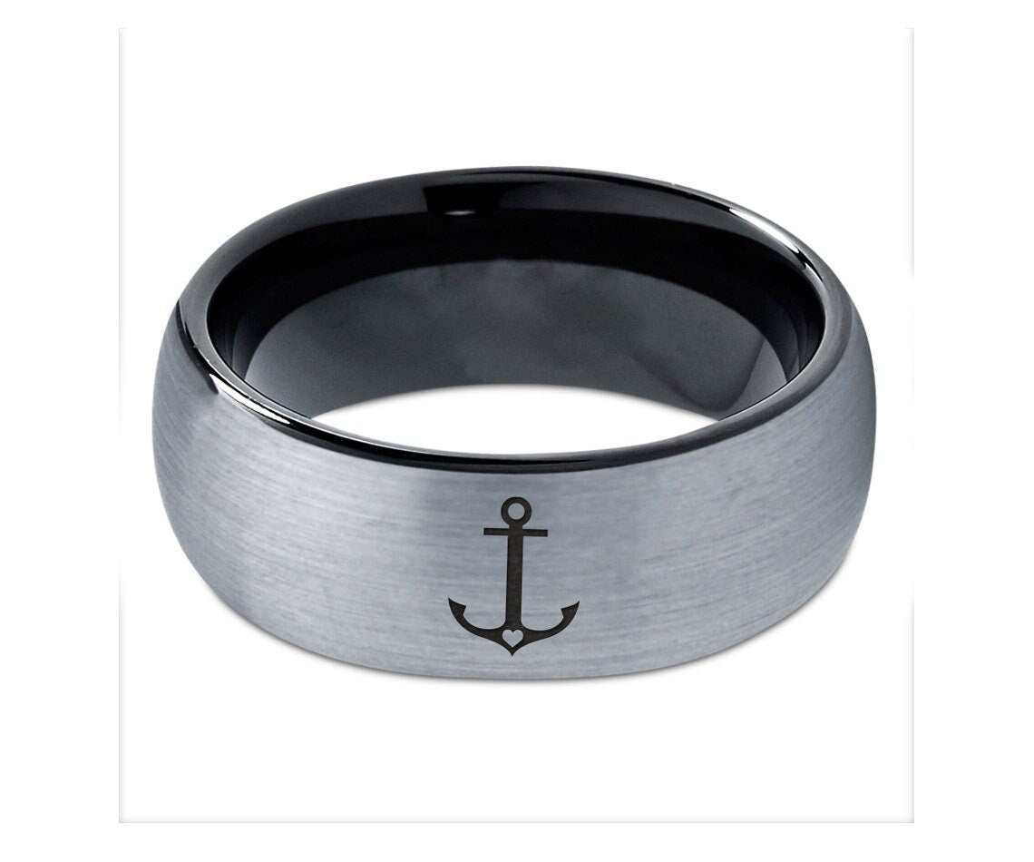 Marine Navy Anchor Ring, Gray Woman's Wedding Band, Black Tungsten Ring Men, Silver Engraved Ring, His and Her Promise Ring, Birthday Gifts