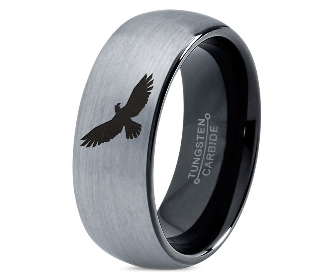 Flying Sea Eagle Ring - Black Wedding Band - Men's Tungsten Ring - Dome Brushed Ring - Gray Wedding Band - Ring For Women - Anniversary Gift