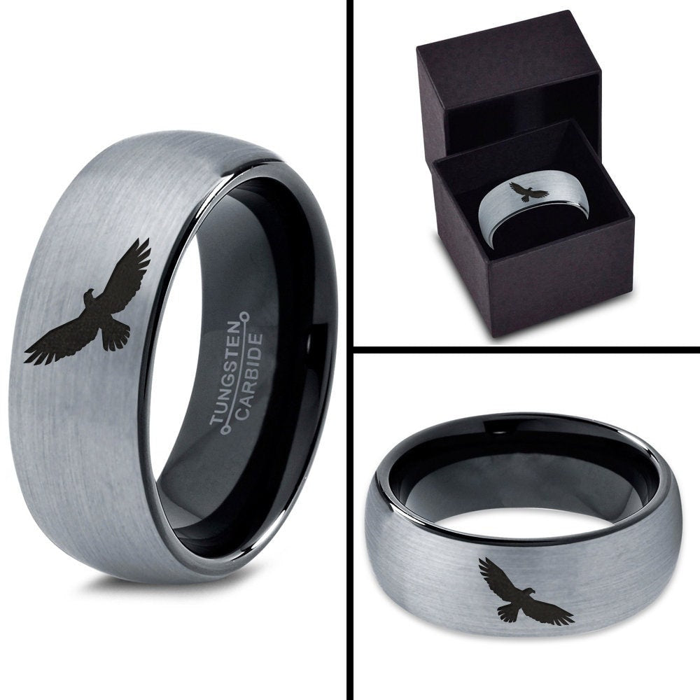 Flying Sea Eagle Ring - Black Wedding Band - Men's Tungsten Ring - Dome Brushed Ring - Gray Wedding Band - Ring For Women - Anniversary Gift