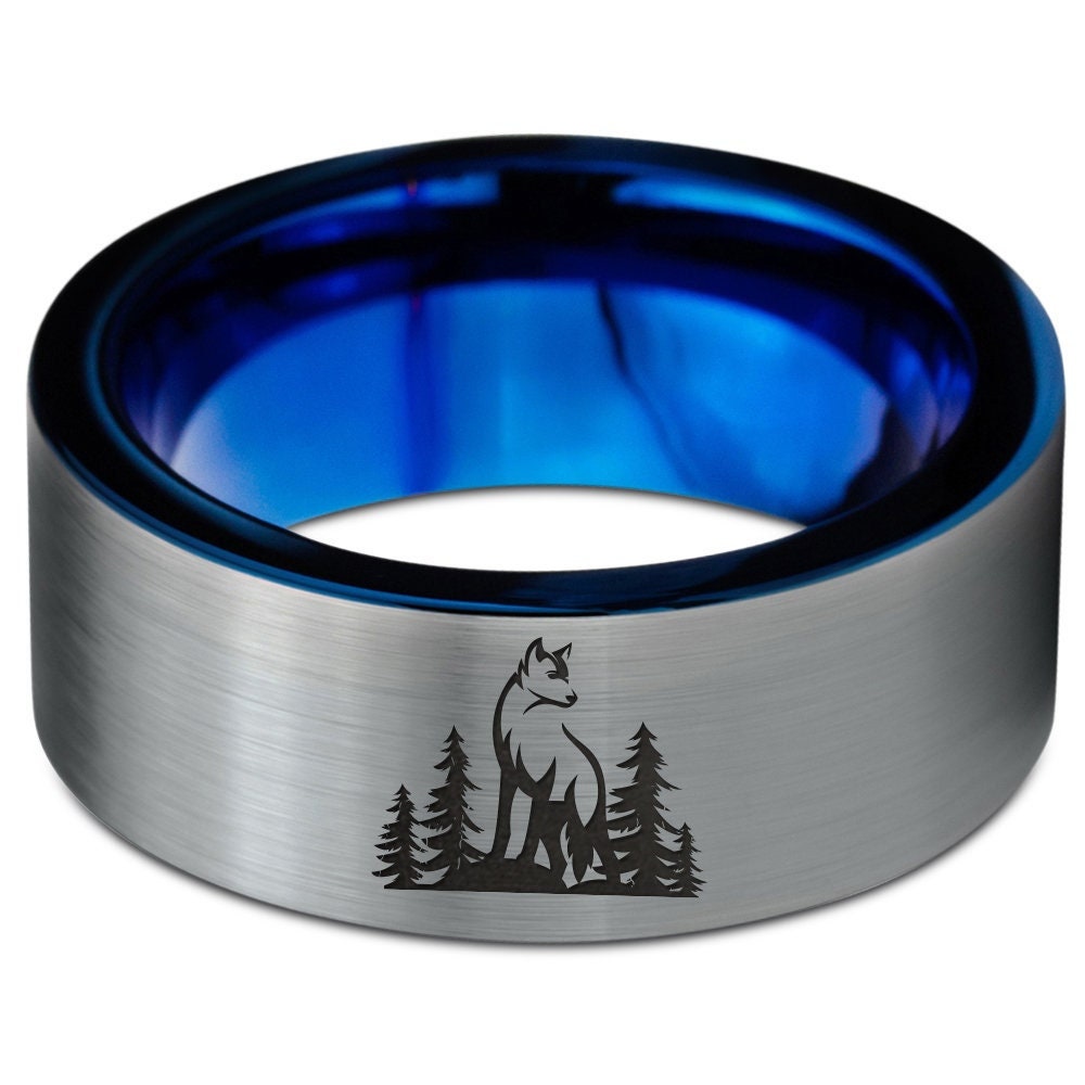 Jungle Wolf Hunter Ring | Blue Wedding Bands For Women | Matching Tungsten Rings | Handmade Silver Jewelry Ring | Promise Ring For Men