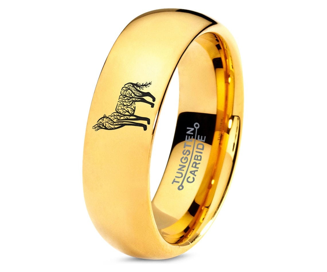 Wolf Tree Ring - Tungsten Men Wedding Band - Tungsten Gold Rings For Women - Engraved Ring -  His an Her Ring - Birthday Gifts For Women