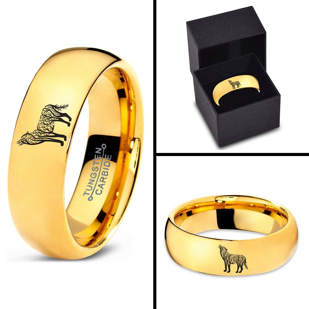 Wolf Tree Ring - Tungsten Men Wedding Band - Tungsten Gold Rings For Women - Engraved Ring -  His an Her Ring - Birthday Gifts For Women