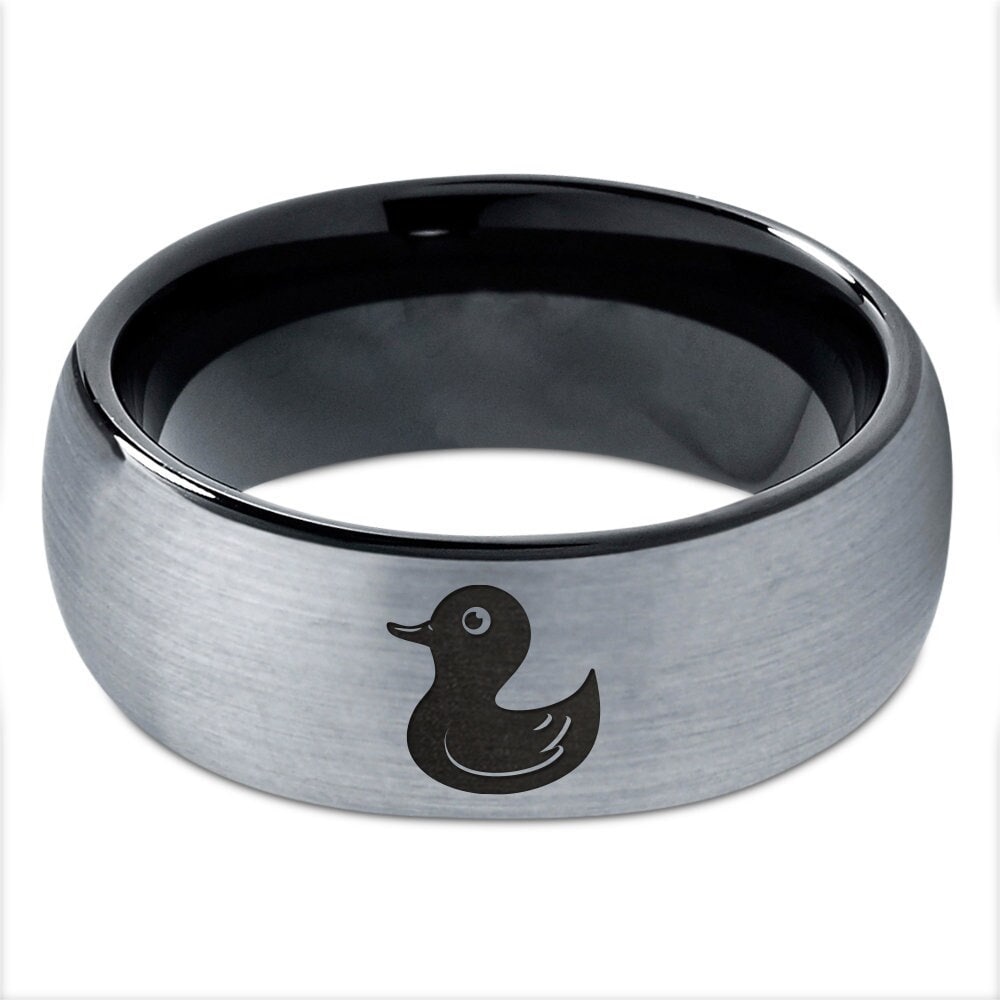 Duck Duckling Ring - Engraved Animal Ring - Mens Wedding Bands - Dome Black 8mm Ring - Silver Brushed Tungsten Rings - Her and Hers Gifts