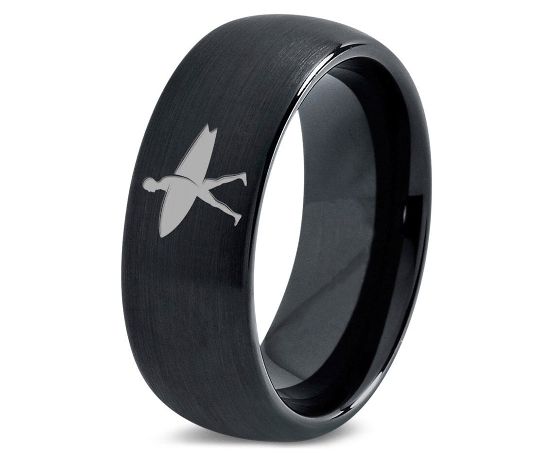 Mens Surfing Boat Ring - Wedding Band Black - Dome Brushed Ring - Common Tungsten Ring - Ring For Surfer - Promise Ring - Anniversary Gifts