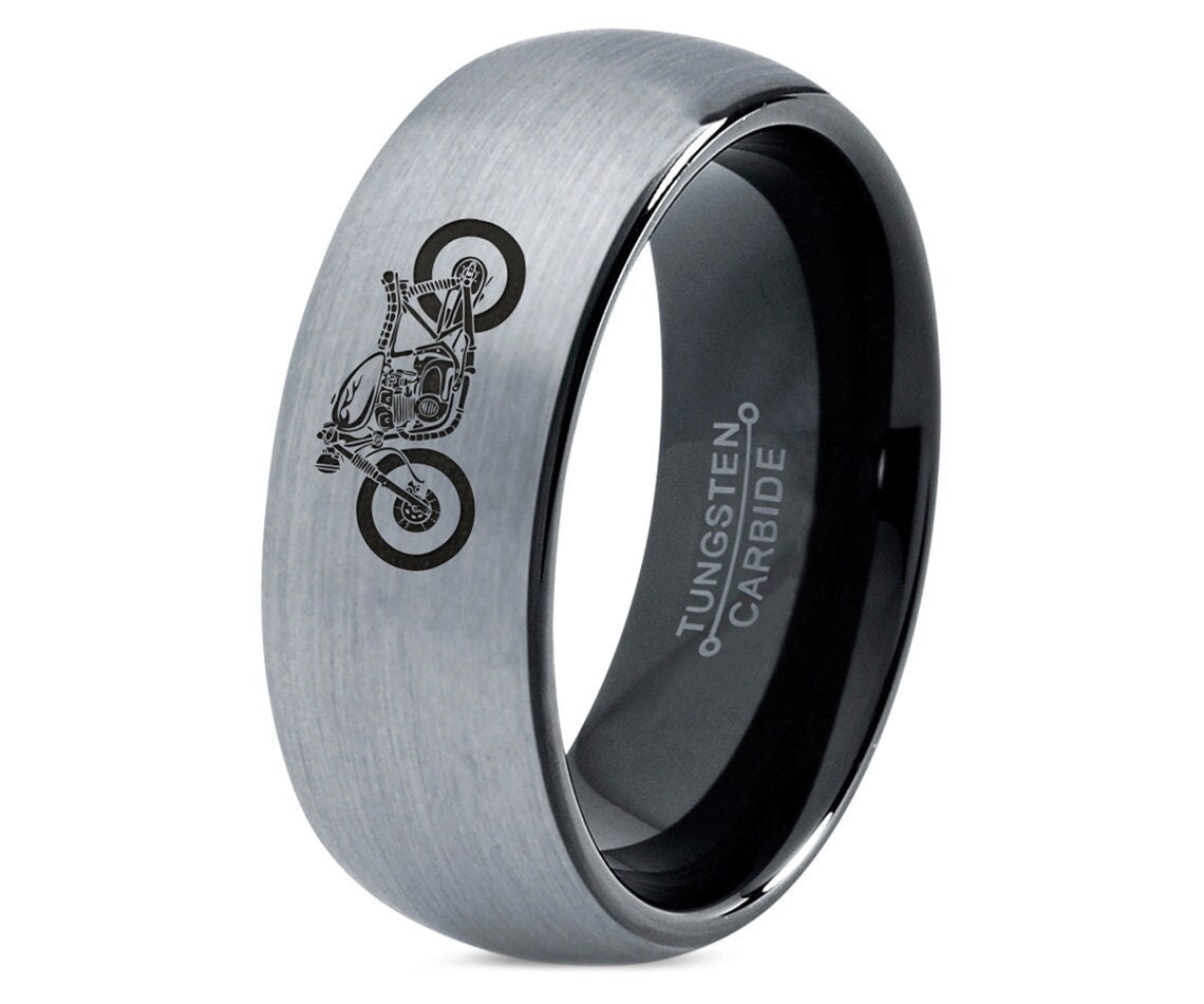 Engraved Racer Motorcycle Wedding Band Women, Black Gray Brushed Ring, Black Tungsten Ring, Gifts For Biker, Best Friend Gift Personalized