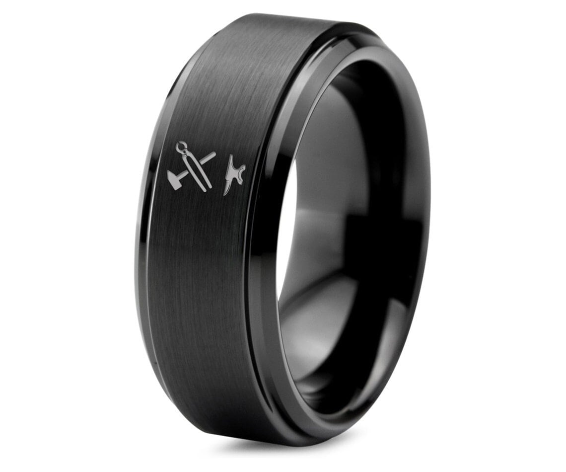 Tongs Drift Anvil Ring, Mens Wedding Band Black, Brushed Tungsten Ring, Personalized Gifts For Dad, Promise Ring, All Size, Free Shipping