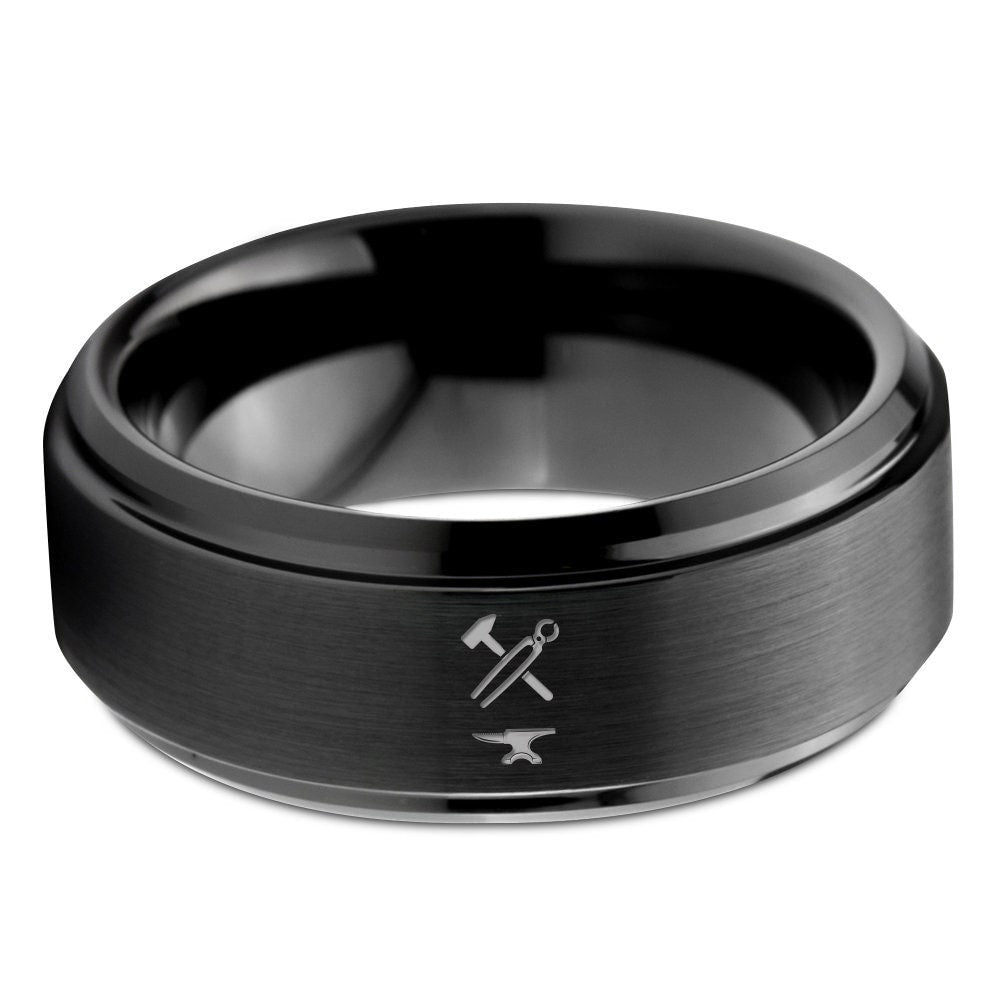 Tongs Drift Anvil Ring, Mens Wedding Band Black, Brushed Tungsten Ring, Personalized Gifts For Dad, Promise Ring, All Size, Free Shipping