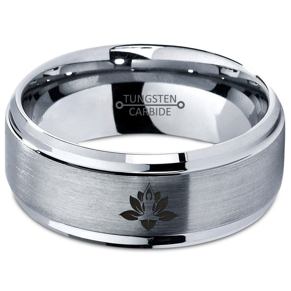 Atomic Lotus Yoga Ring | Silver Wedding Band | Tungsten Gray Rings For Men | Laser Engraved Ring | Gifts For Him | Best Friend Gifts