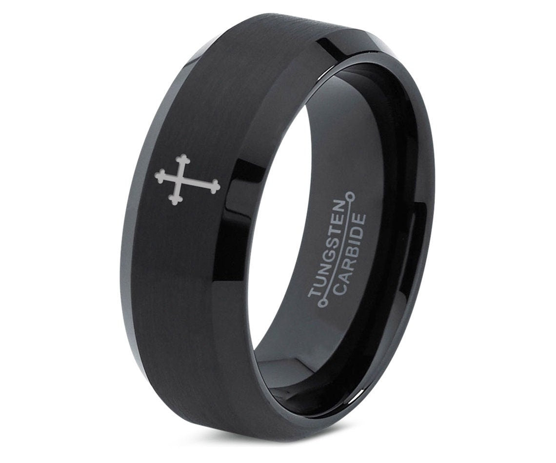 Religious Jewelry Ring, Religious Holy Cross Ring, Mens Wedding Ring Black, His And Hers Ring, Tungsten Band, Gifts For Him, Gifts For Moms