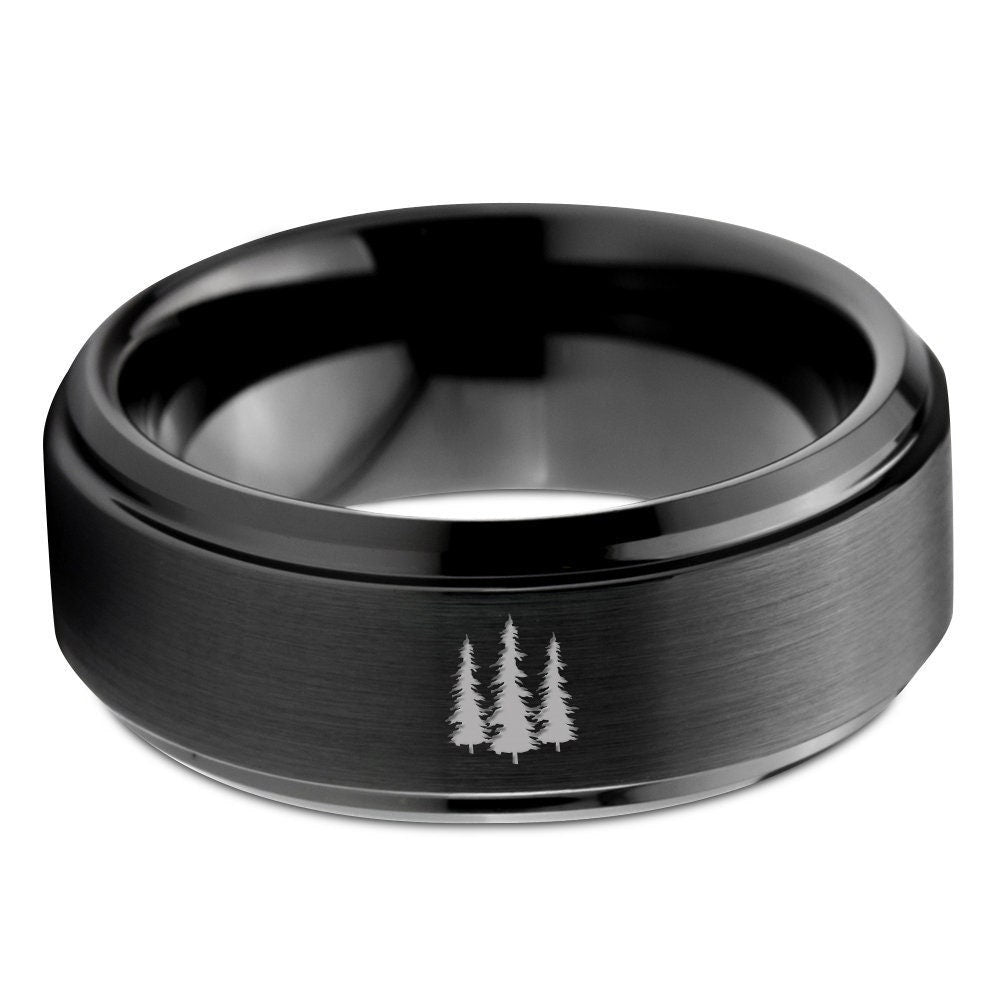 Snowy Fir Tree Forest Ring, Men'S Wedding Ring, Black Tungsten Band, His and Her Ring, Anniversary Gifts For Boyfriend, Free Shipping