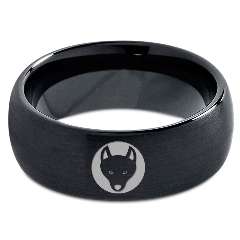 Fox Pup Face Ring,Wedding Gifts,Black Tungsten Wedding Band,His and Her Rings,Personalized Band,Engraved Ring,Mens Black Ring, 8mm