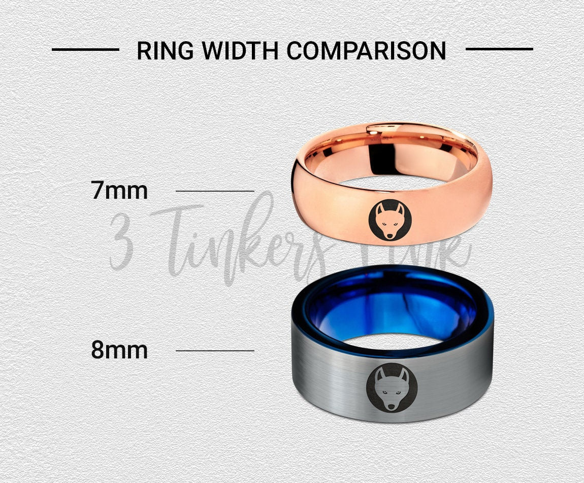 Fox Pup Face Ring,Wedding Gifts,Black Tungsten Wedding Band,His and Her Rings,Personalized Band,Engraved Ring,Mens Black Ring, 8mm