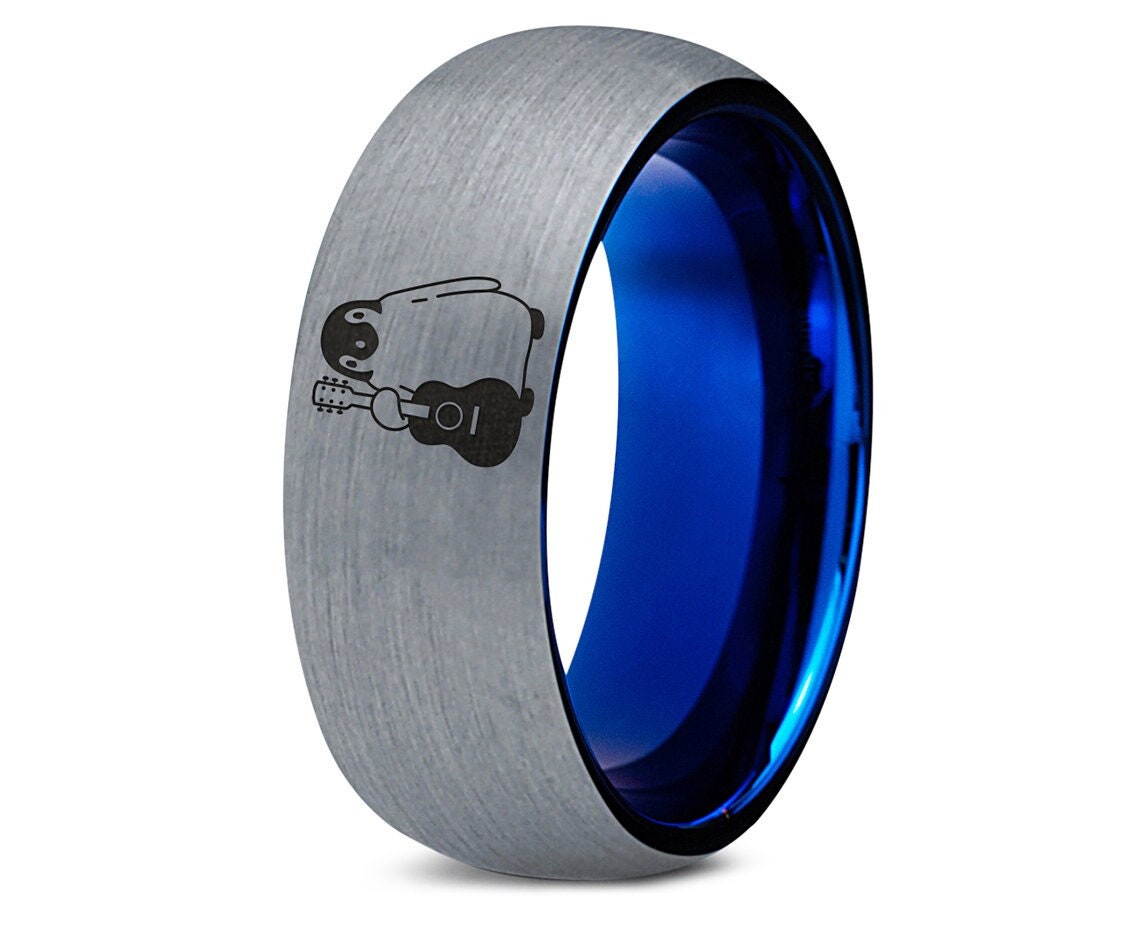 Penguin Character Guitar Ring,Tungsten Blue Ring,Silver Grey Brushed Ring,Mens Wedding Band,Tungsten Ring 8mm, Gifts for Him, Valentine Gift