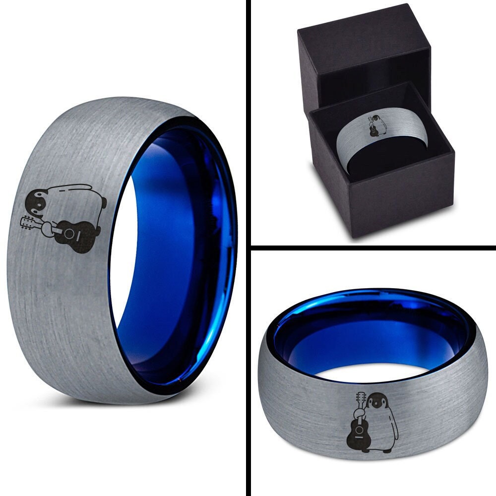 Penguin Character Guitar Ring,Tungsten Blue Ring,Silver Grey Brushed Ring,Mens Wedding Band,Tungsten Ring 8mm, Gifts for Him, Valentine Gift