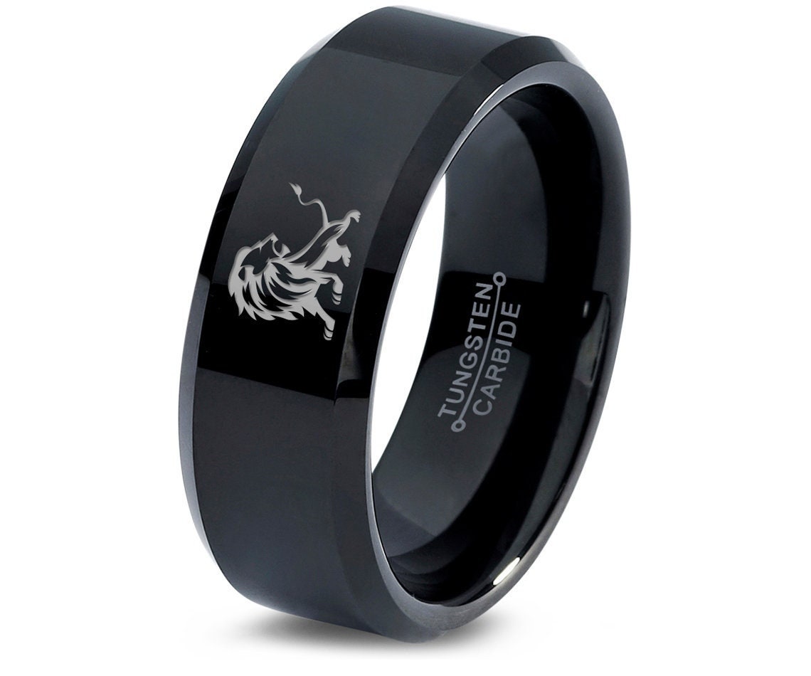 Mascot Wild Roaring Lion Leo Ring | Men Black Wedding Band | Polished Tungsten Ring | Jewelry Rings | Bands For Fisherman | Anniversary Gift