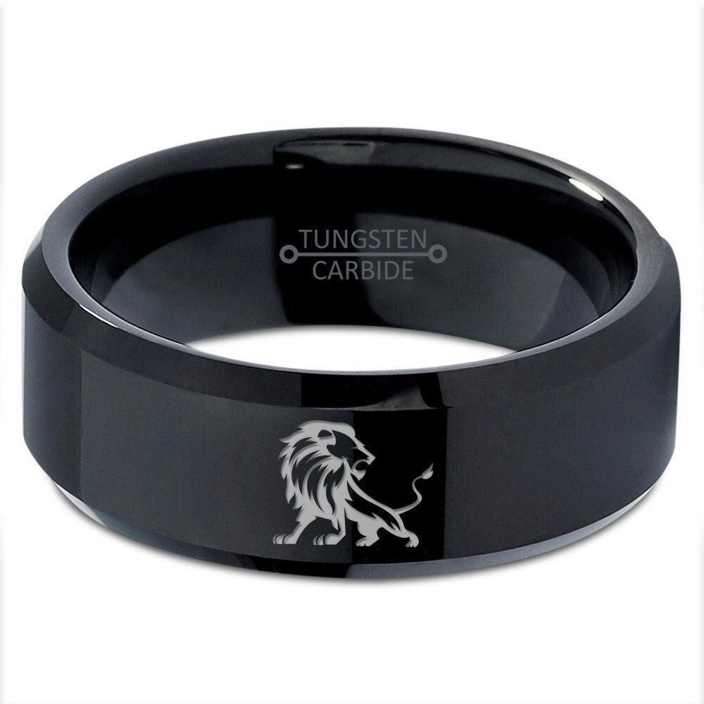 Mascot Wild Roaring Lion Leo Ring | Men Black Wedding Band | Polished Tungsten Ring | Jewelry Rings | Bands For Fisherman | Anniversary Gift