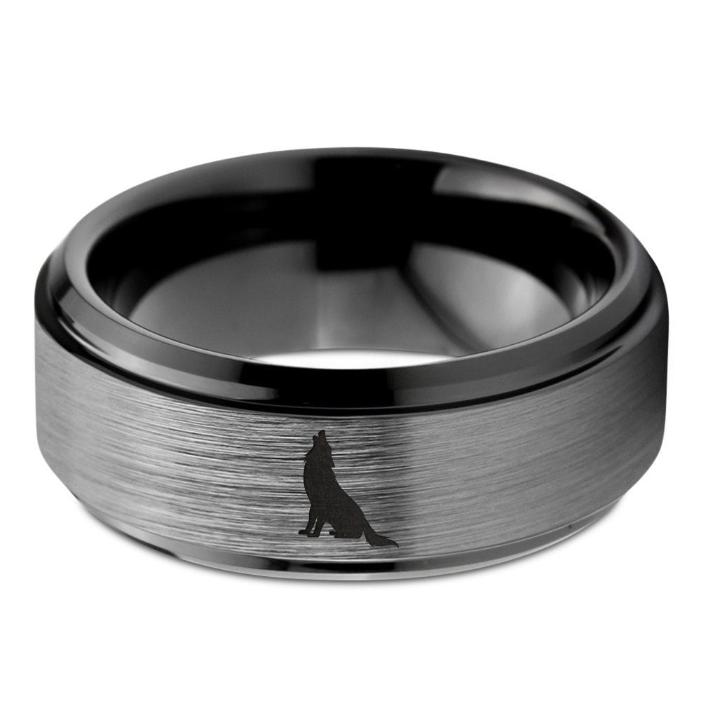 Sitting Wolf Howling Ring - Couples Wedding Bands Sets - Brushed Silver Tungsten Ring - Promise Ring For Men - Black Fantasy Engagement Ring