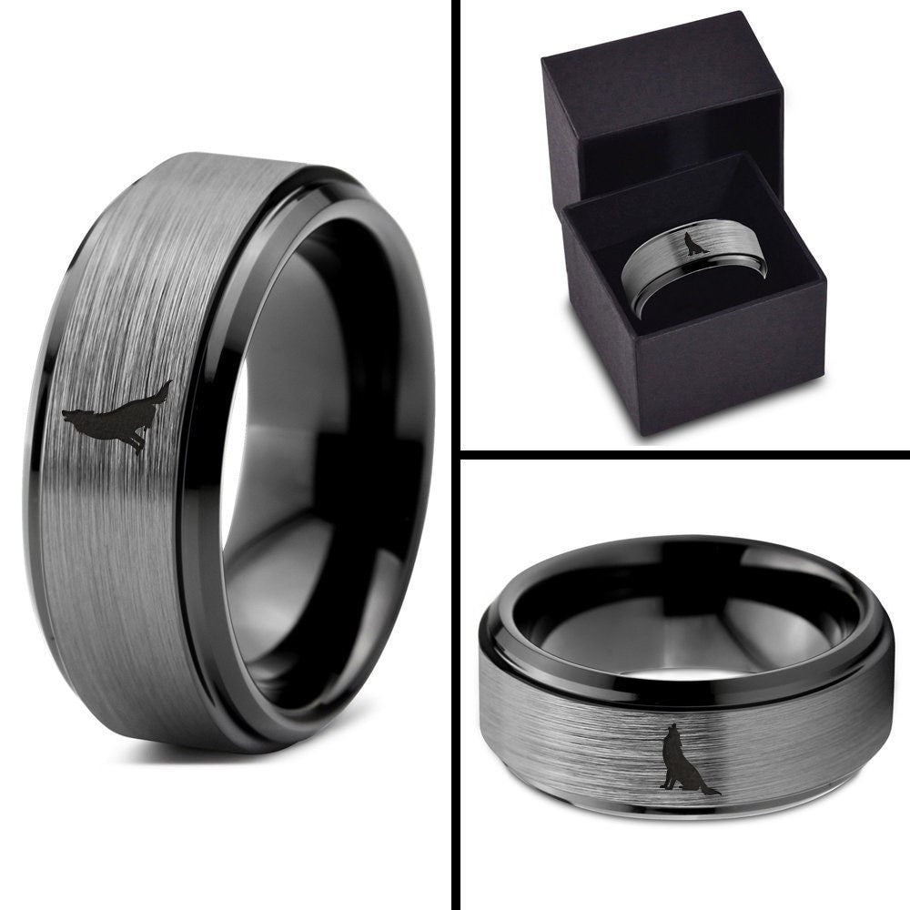 Sitting Wolf Howling Ring - Couples Wedding Bands Sets - Brushed Silver Tungsten Ring - Promise Ring For Men - Black Fantasy Engagement Ring