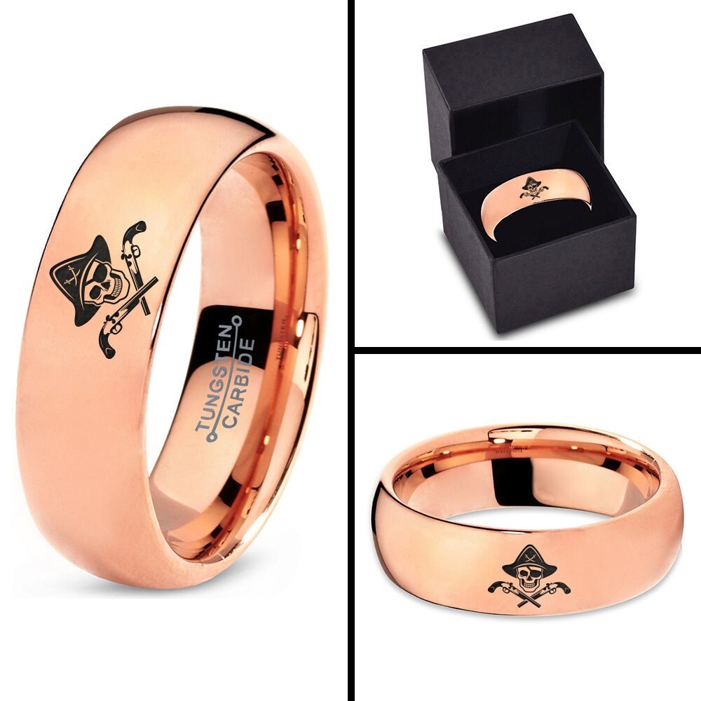 Rose Gold Wedding Ring,Captain Pirate Weapon Gun Ring,Matching Tungsten Rings,Anniversary Gift For Husband,Best Friend Gifts,Free Shipping