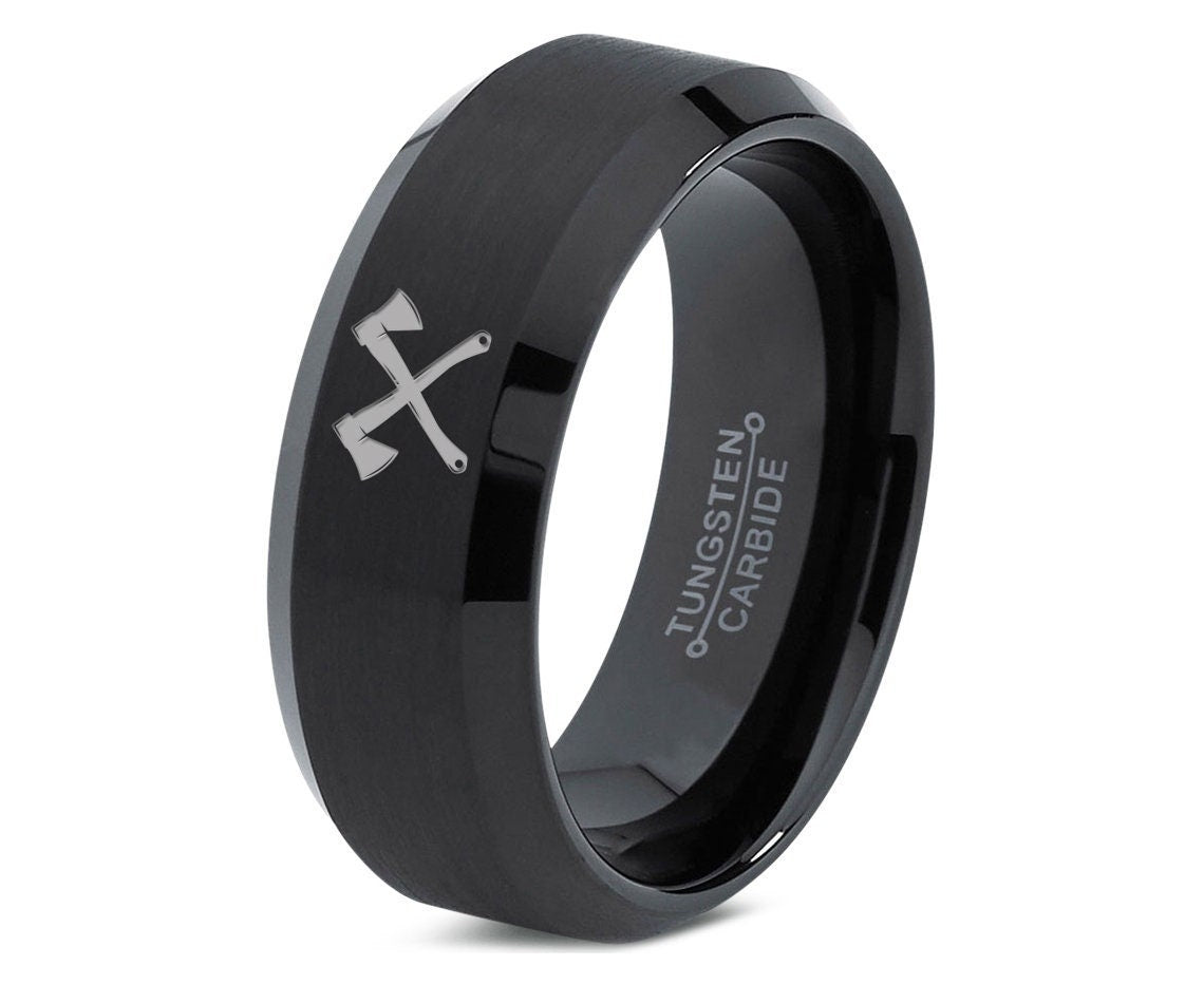 Camping Axe Ring - Wedding Bands For Men - Tungsten Engagement Ring - Bevel Brushed Black Ring - Anniversary Gifts For Mom - Gifts For Her