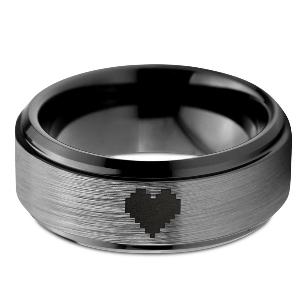 Pixel Dot Heart Ring - Women Wedding Ring Black - Grey Tungsten Rings For Men - Womens Band Rings - Gifts For Couple - Patricks Day Gift