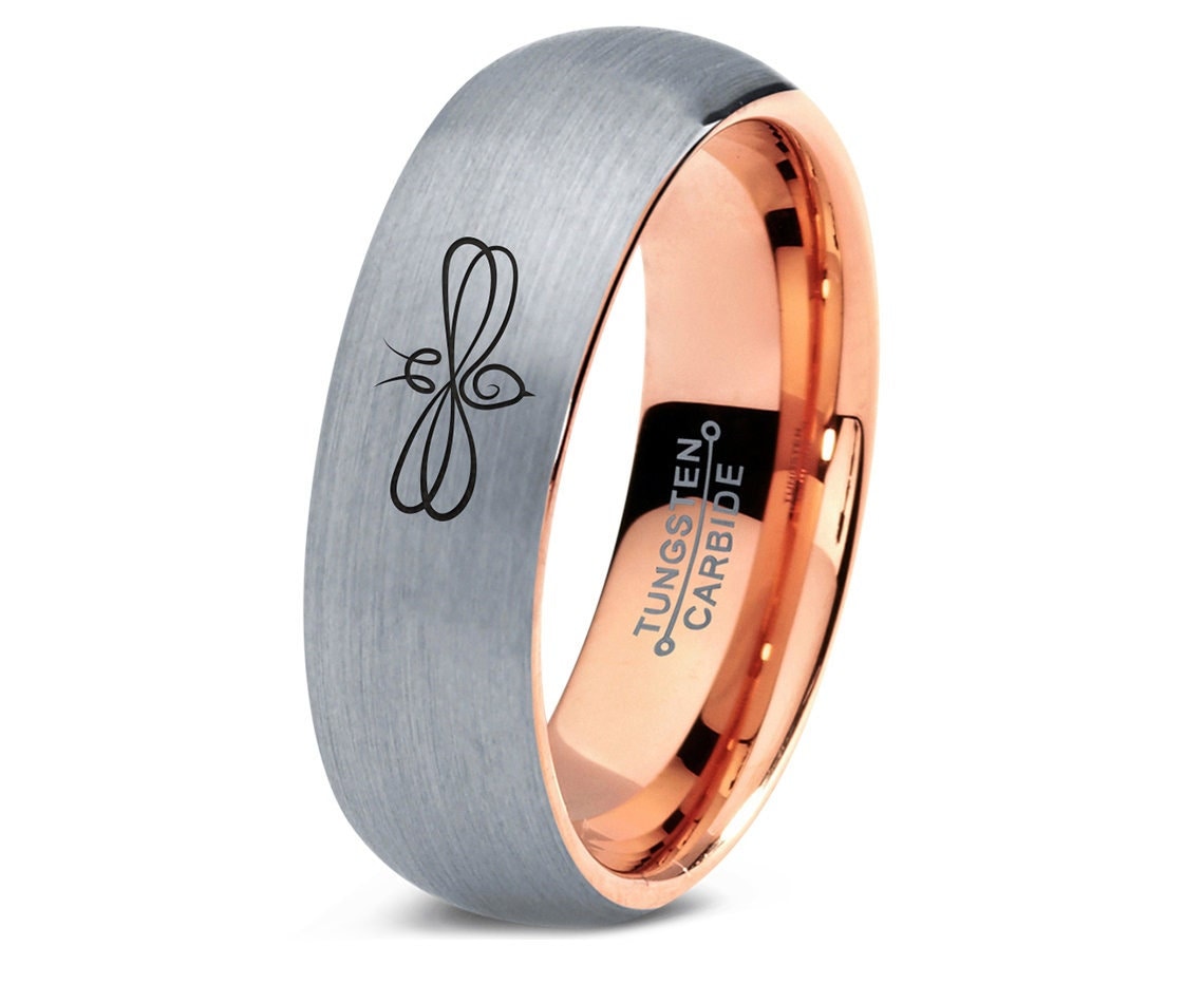 Honey Yellow Bee Fly Insect Ring - Rose Gold Band - Silver Grey Tungsten Wedding Band - Custom Engraved Ring - Promise Ring For Her - Gifts