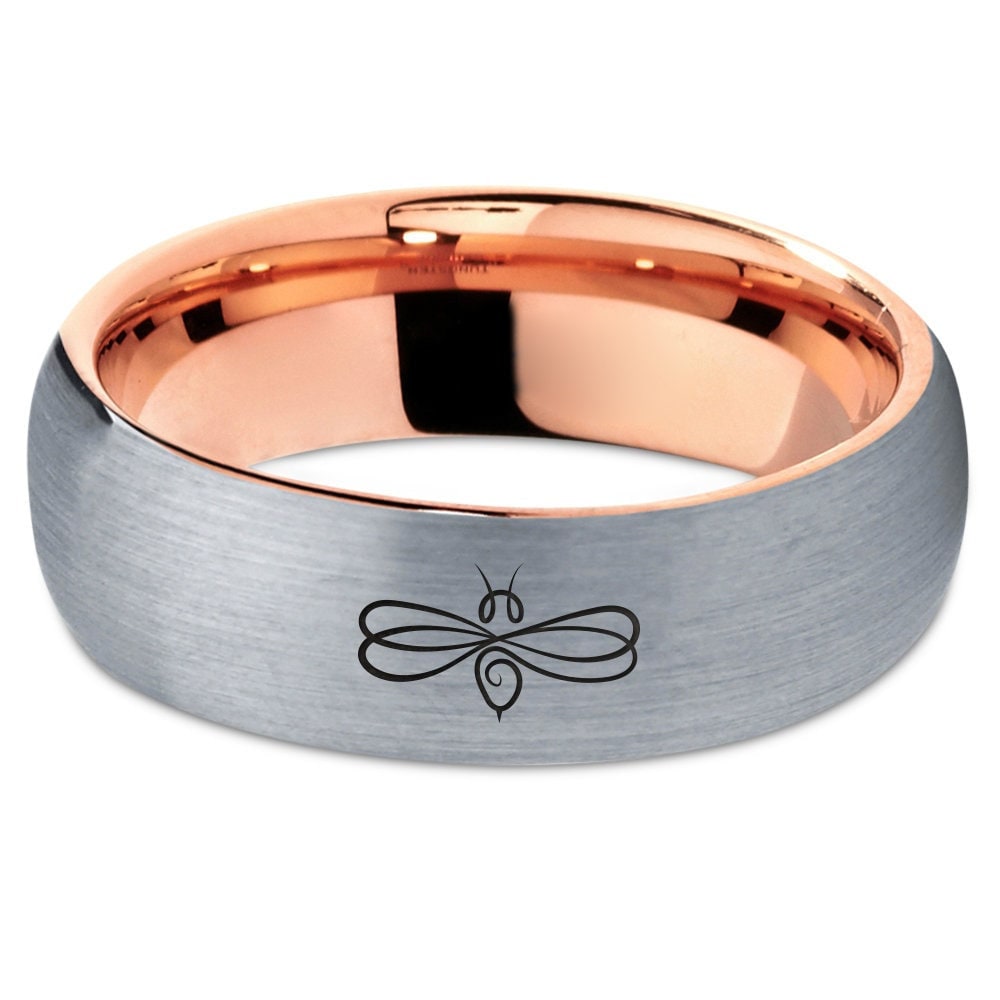 Honey Yellow Bee Fly Insect Ring - Rose Gold Band - Silver Grey Tungsten Wedding Band - Custom Engraved Ring - Promise Ring For Her - Gifts