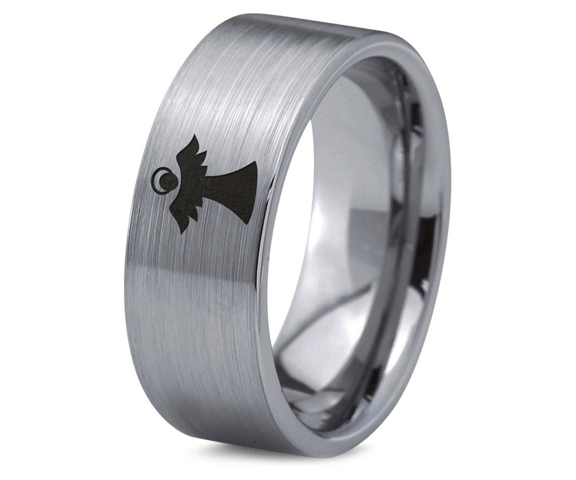 Christmas Angel Ring - Silver Wedding Ring - Mens Tungsten Band - Engraved Ring - Engagement Gifts - Gifts For Mom - Birthday Gifts For Her