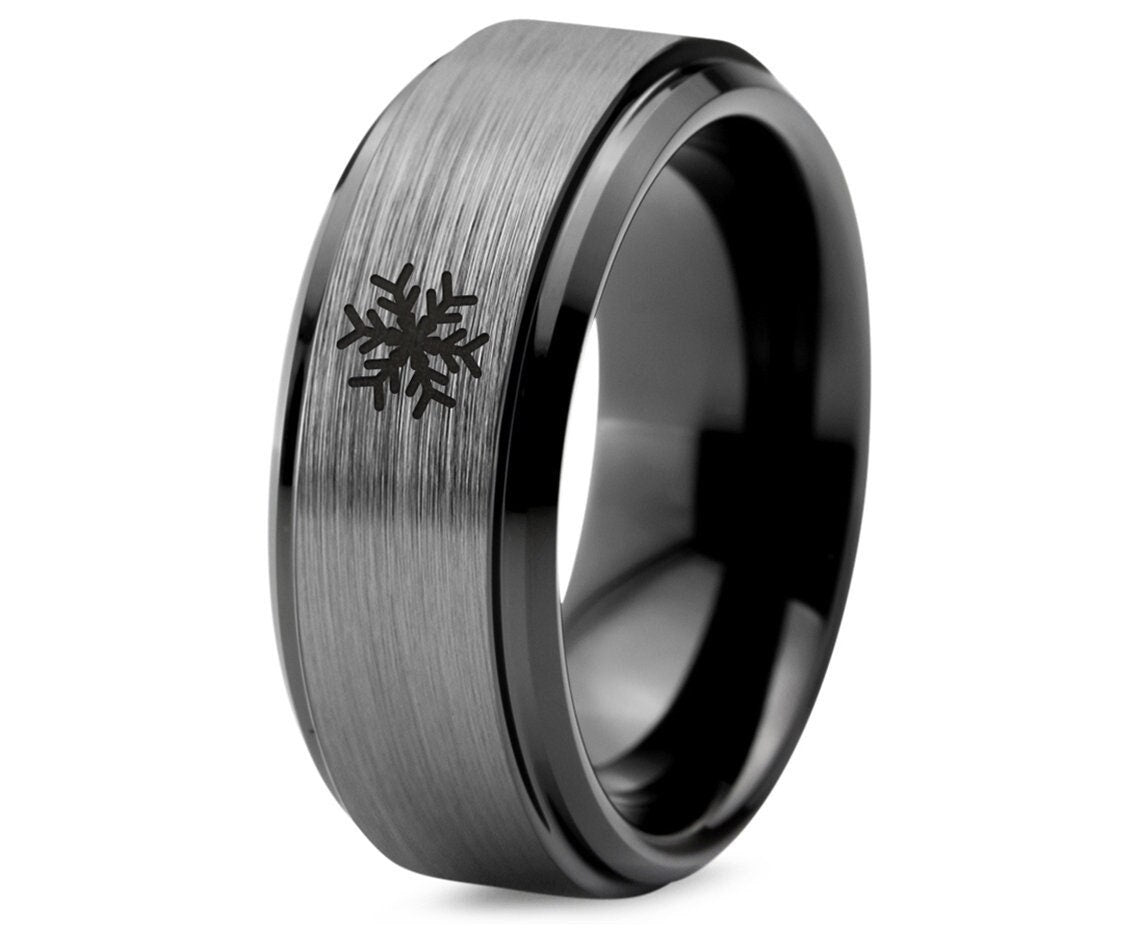 Christmas Snowflake Ring - Mens Wedding Band Black - Gifts For Men - Gray Tungsten Ring - Rings For Women - Christmas Gifts