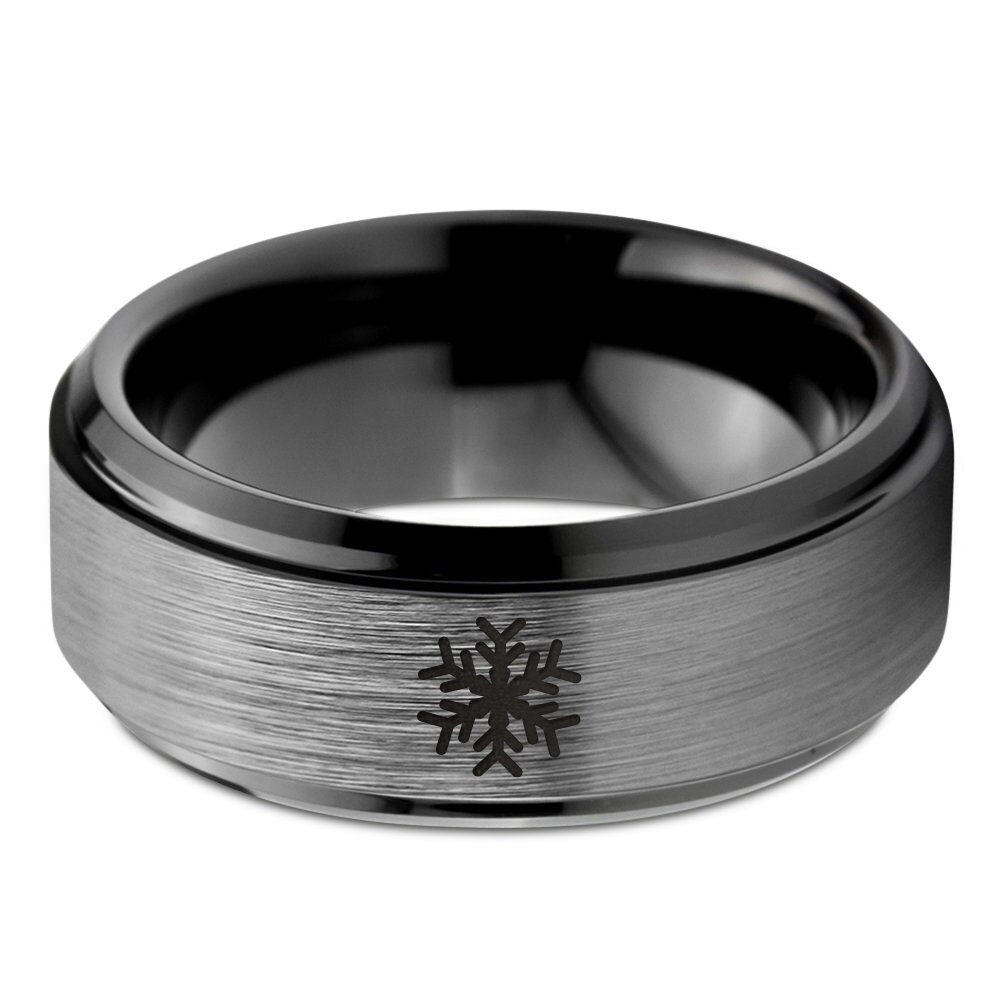 Christmas Snowflake Ring - Mens Wedding Band Black - Gifts For Men - Gray Tungsten Ring - Rings For Women - Christmas Gifts