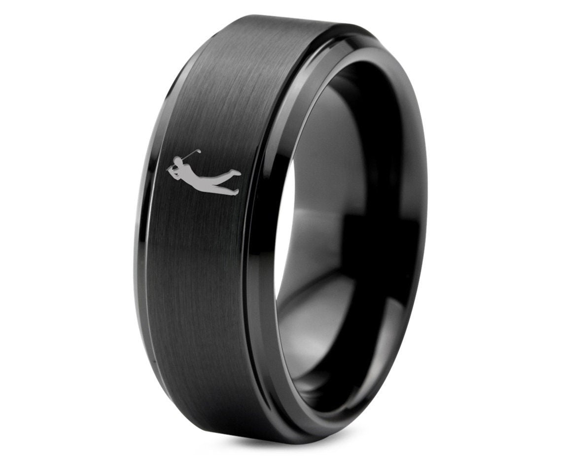 Golf Player Ring, Wedding Band Black, His And Hers Gifts, Brushed Wedding Ring, Tungsten Carbide Ring, Anniversary Gifts For Girlfriend