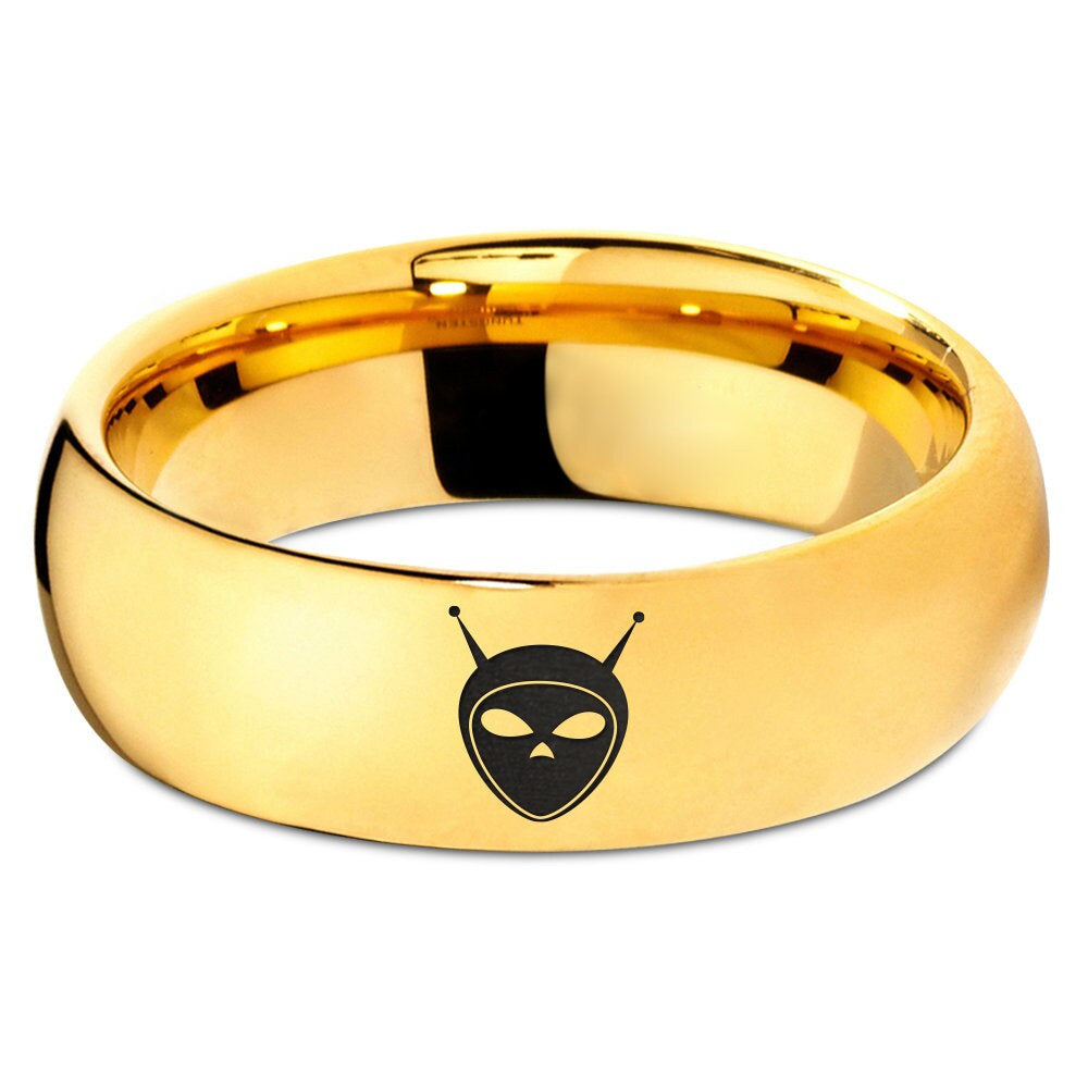 Alien Face Engraved Wedding Bands | Tungsten Gold Rings For Men | 18K Yellow Gold Ring | Personalized Birthday Gifts | Free Shipping