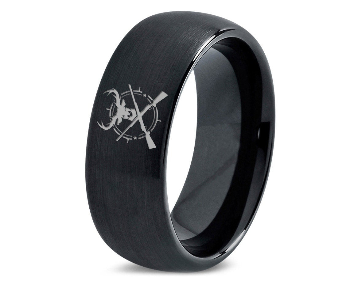 Hunting Guns Ring | Deer Antlers Ring | Wedding Bands For Women | Black Tungsten Rings For Men | Small Gift For Friend | Gifts For Boyfriend