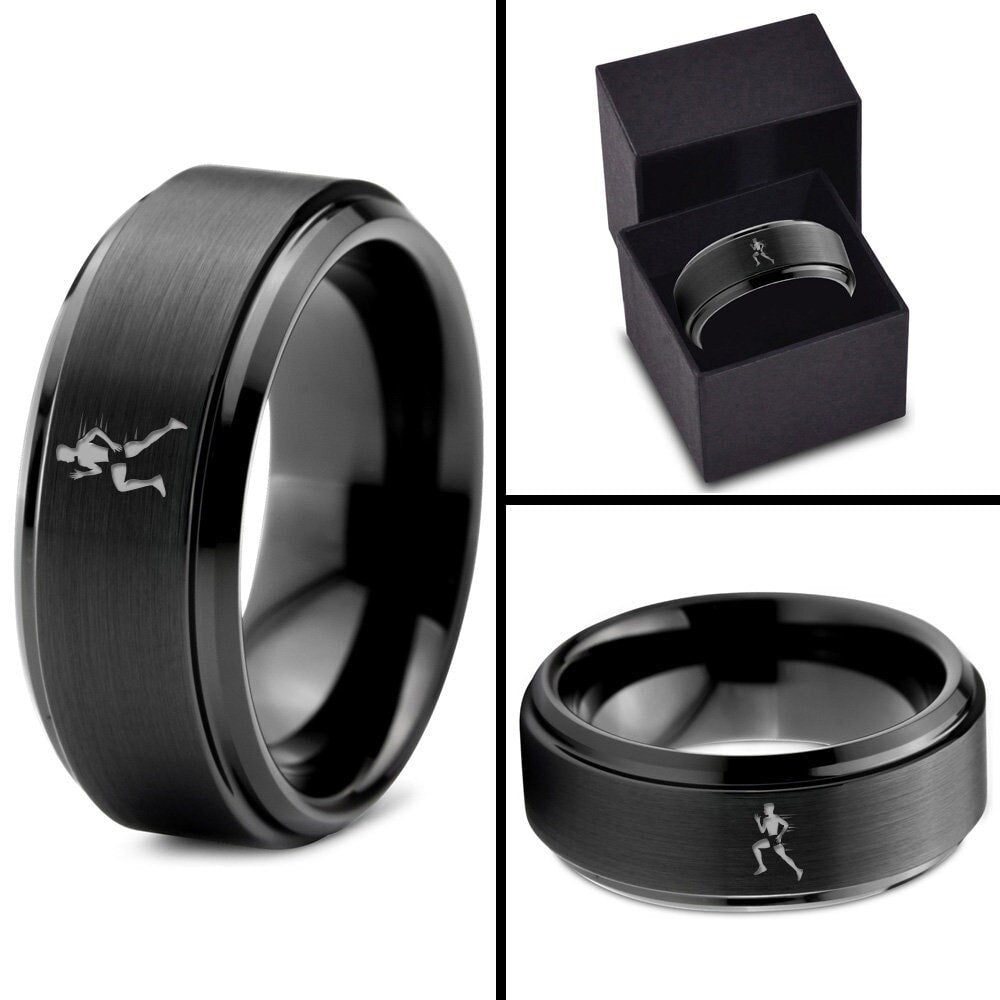 Black Wedding Ring | Athlete Running Ring | Mens Tungsten Ring | Gifts For Him Personalized | Unique Engagement Ring | 8mm Ring