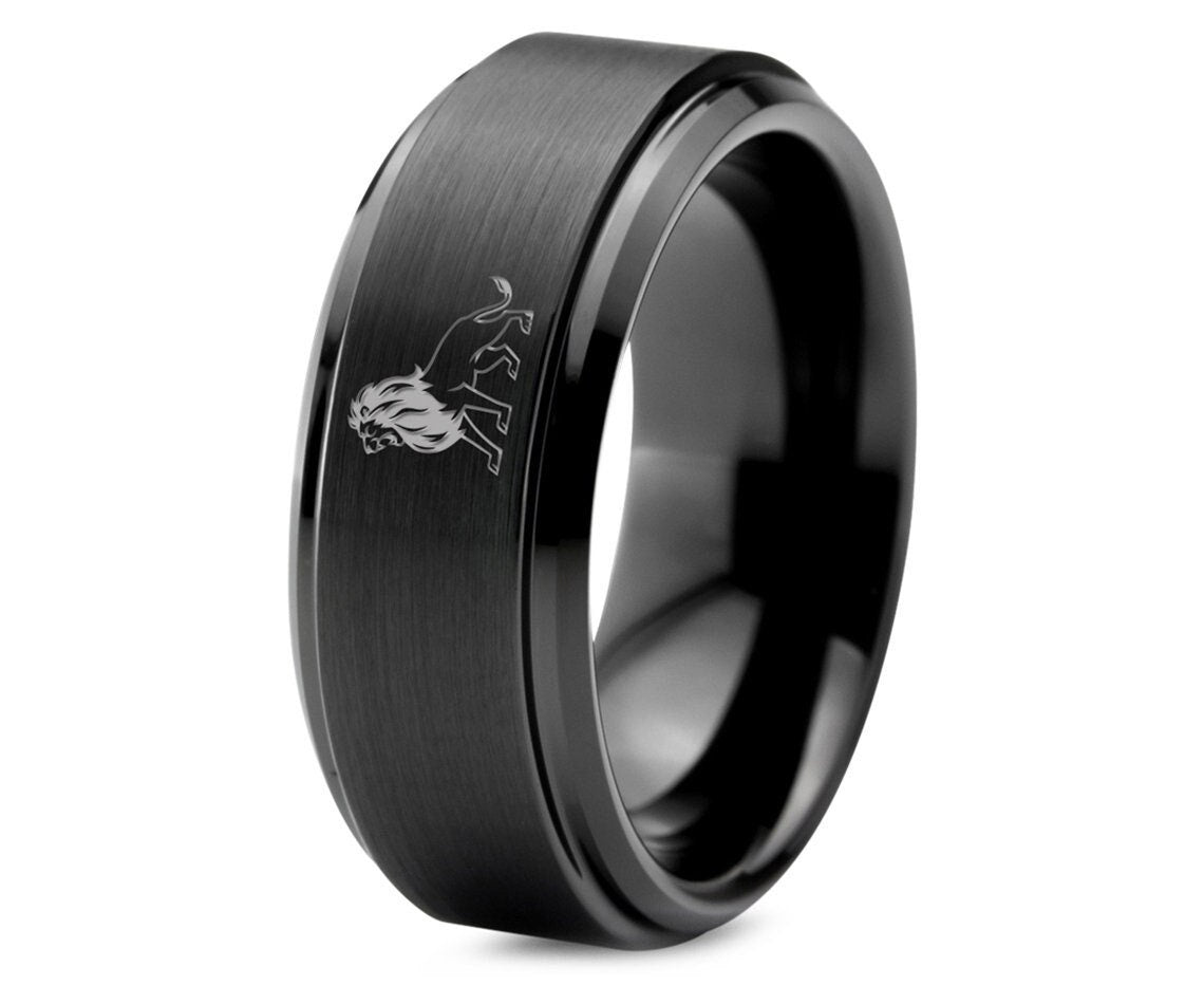 South African Lion Ring | Panthera Leo Ring | Engraved Wedding Bands | Tungsten Black Rings For Women | Silver Gray Engagement Ring | 8mm