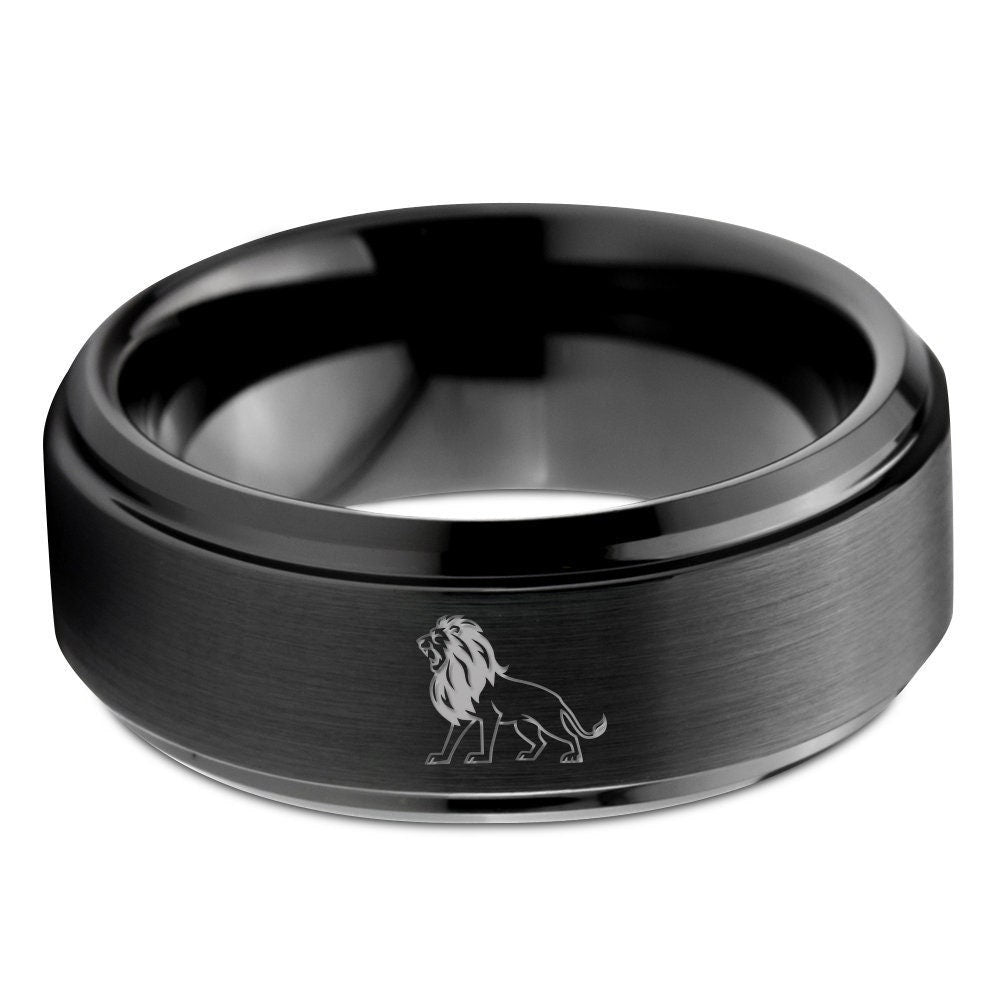 South African Lion Ring | Panthera Leo Ring | Engraved Wedding Bands | Tungsten Black Rings For Women | Silver Gray Engagement Ring | 8mm