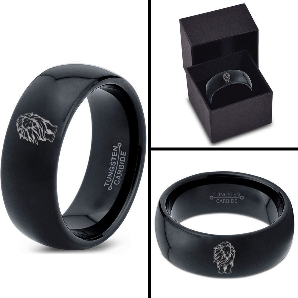 Mascot Lion Leo Ring | Tungsten His and Hers Wedding Bands Sets | Men'S Tungsten Ring | Statement Ring | Black Polished Ring | Gifts For Son