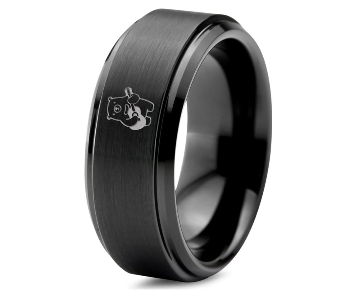 Laser Engraved Bear Acoustic Guitar Ring | Matte Black and Brushed Ring | Mens Wedding Band | Women Tungsten Ring | Gifts For Musician