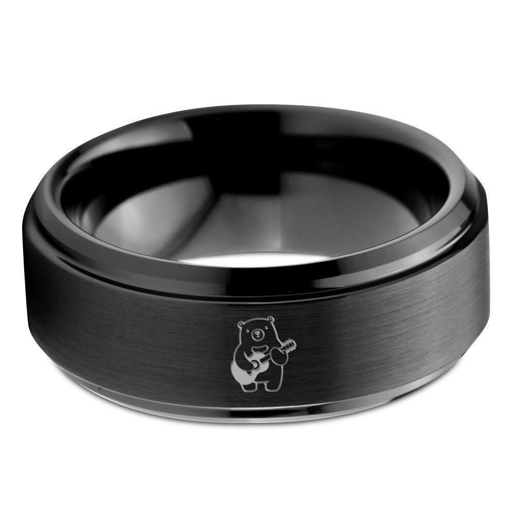 Laser Engraved Bear Acoustic Guitar Ring | Matte Black and Brushed Ring | Mens Wedding Band | Women Tungsten Ring | Gifts For Musician