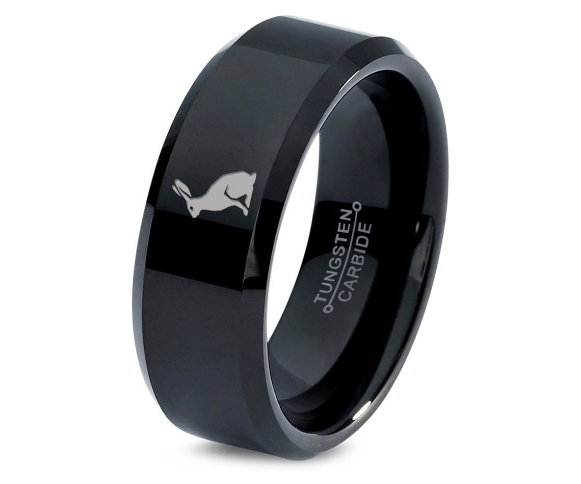 Rabbit Bunny Ring,Pet Animal Ring,Engagement Wedding Ring,Polished Black Tungsten Ring,Laser Engraved Ring,His and Her Ring,Free Shipping