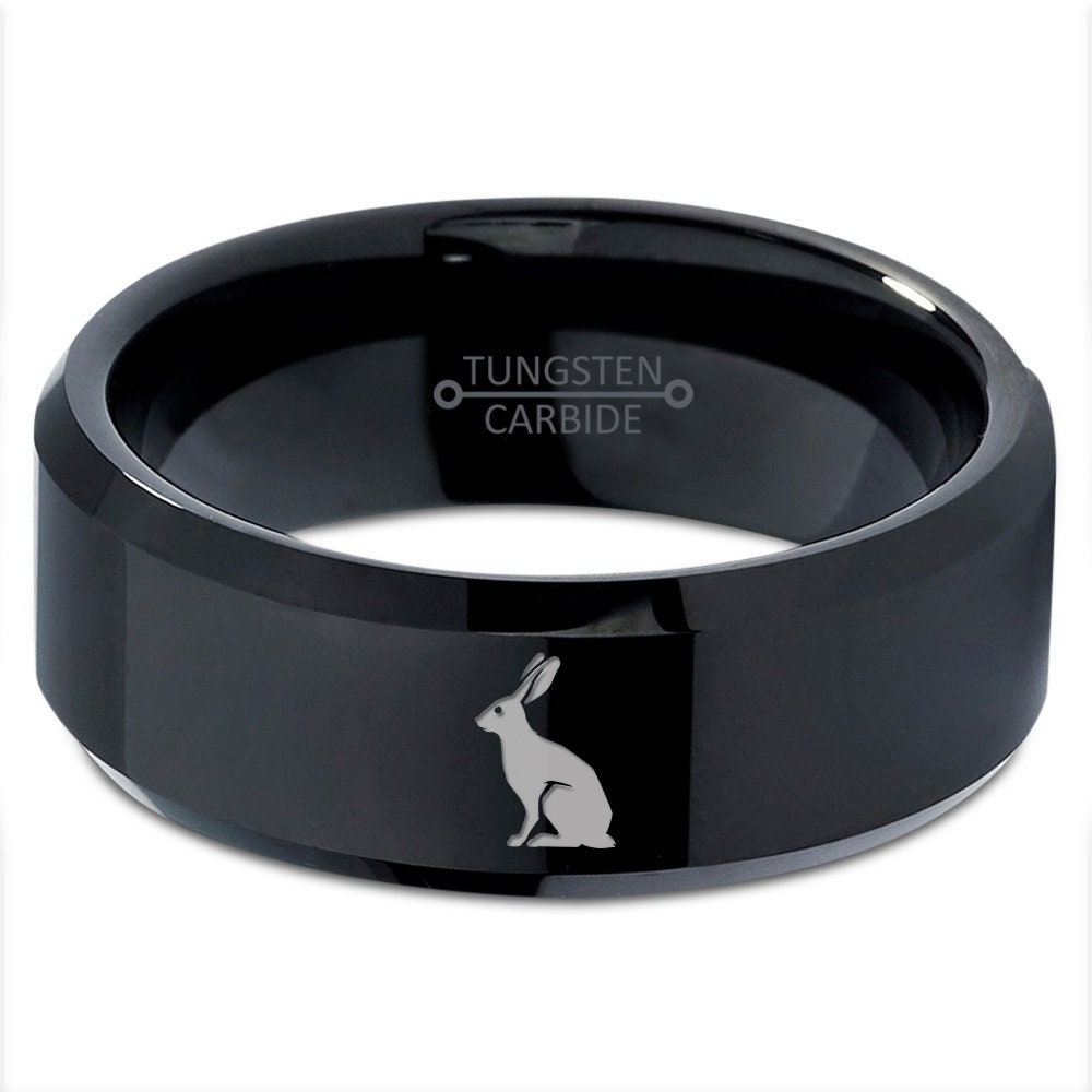 Rabbit Bunny Ring,Pet Animal Ring,Engagement Wedding Ring,Polished Black Tungsten Ring,Laser Engraved Ring,His and Her Ring,Free Shipping